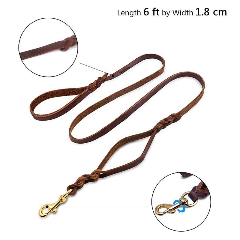 [Australia] - Wellbro Luxury Genuine Leather Double Handle Dog Leash, Braided Training Lead with Traffic Handle, Easy Control and Heavy Duty, 1.8cm Width by 6ft Length, Brown 