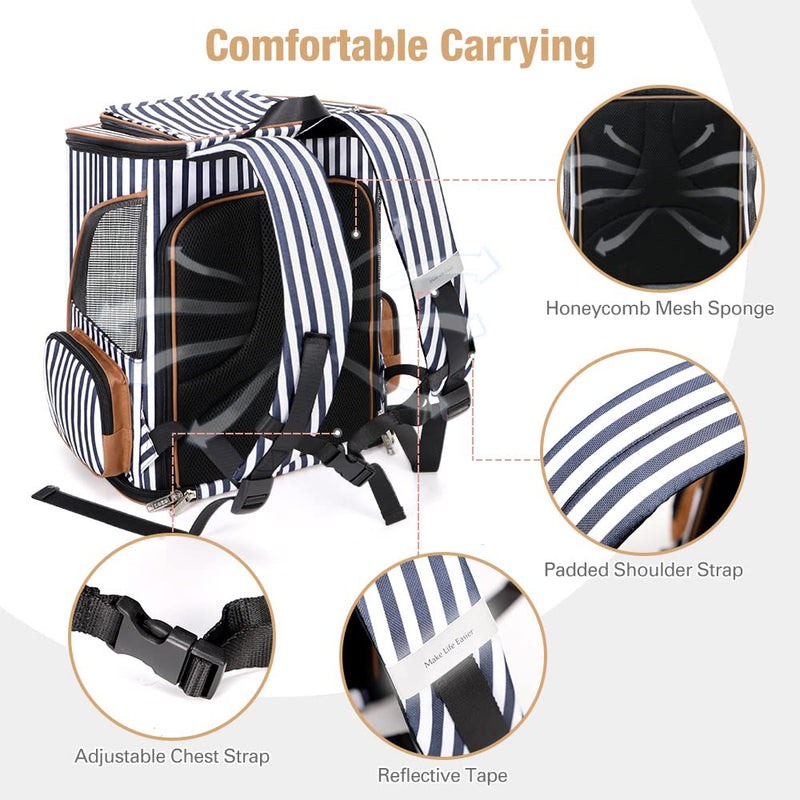 Lekesky Cat Backpack Expandable Pet Backpack Carrier for Medium Cats and Small Dogs Fit up 15 Lbs with Inner Escape-proof Leash, Blue Striped M Blue stirped - PawsPlanet Australia