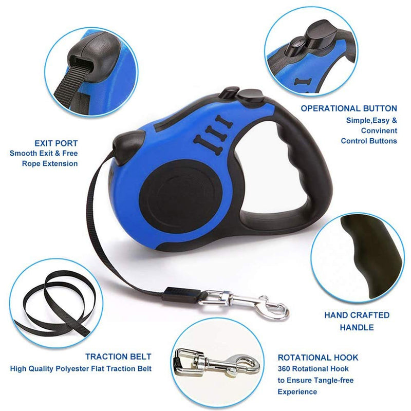 Retractable Dog Leash, Pet Walking Leash with Anti-Slip Handle, Strong Nylon Tape, Tangle-Free, One-Handed One Button Lock & Release, Suitable for Small Medium Dog Cat, 10 ft, Blue S - PawsPlanet Australia