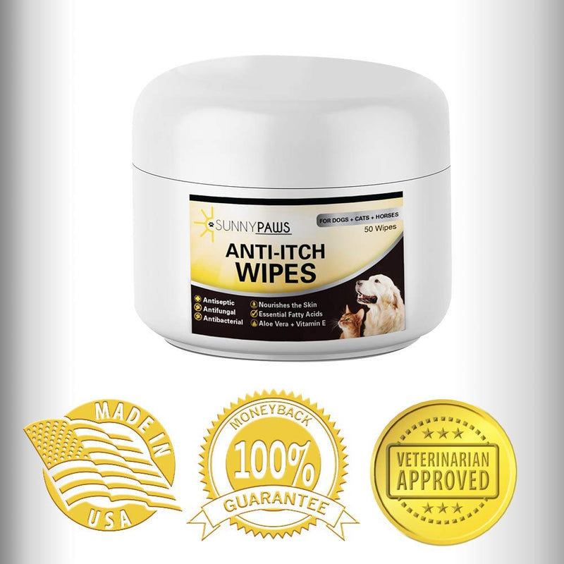 Sunny Paws Anti-Itch Wipes for Dogs Cats and Horses - Medicated Ketoconazole & Chlorhexidine (Antibacterial, Anti Fungal, Antimicrobial) - Cucumber Melon Scent 50 ct. - PawsPlanet Australia