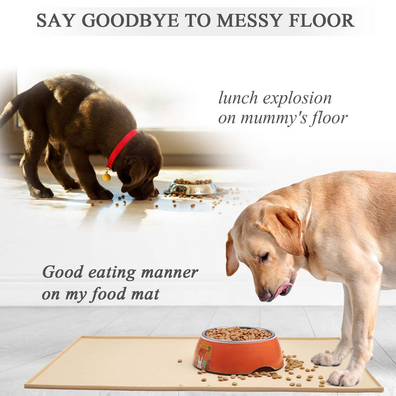 [Australia] - Vivaglory Pet Food Mat Large 24" L x 16" W or Small 19" L x 12" W Waterproof Non-Slip Food Grade Silicone Mat Anti-Messy Design for Puppy Kitty Dog Cat Small Medium Large Animals L(24"x16") Khaki 