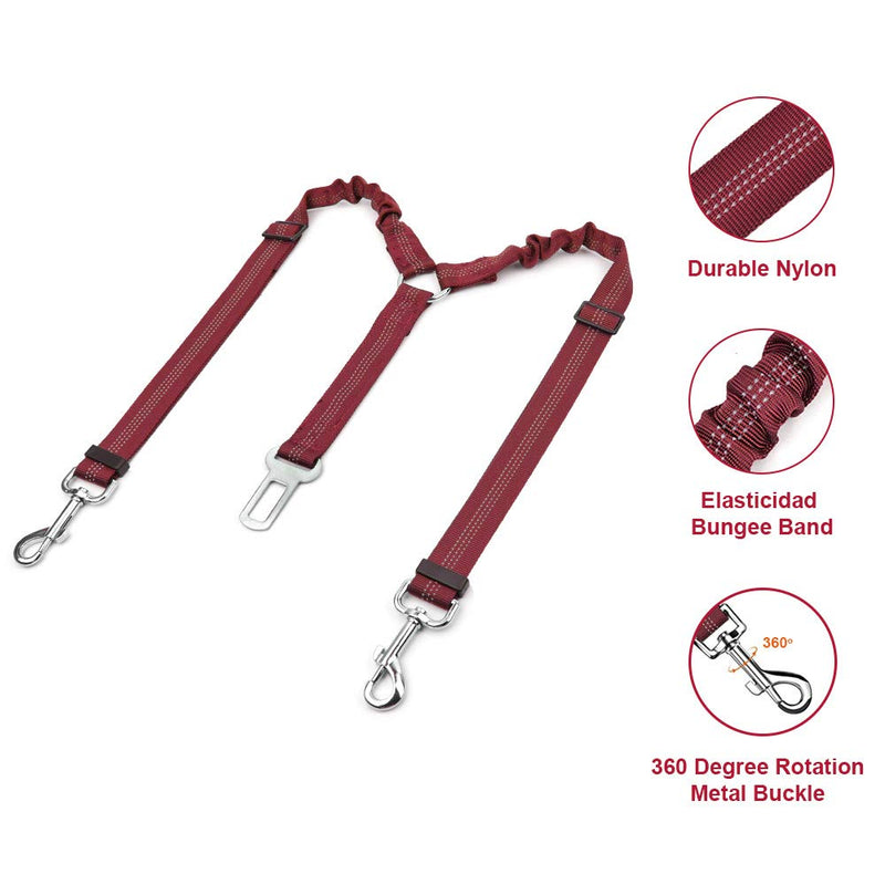 Nasjac Double Dog Seatbelt, Dual Pet Car Seat with Elastic Bungee and Reflective Stripe No Tangle Safety Belt Adjustable Dog Coupler Lead Splitter in Vehicle Red - PawsPlanet Australia