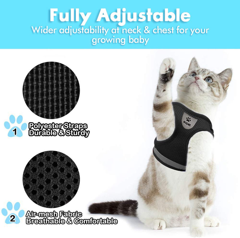 [Australia] - Cat Harness and Leash Set for Walking Small Cat and Dog Harness Soft Mesh Harness Adjustable Cat Vest Harness with Reflective Strap Comfort Fit for Pet Kitten Puppy Rabbit Small (Chest: 12" - 13") Black 