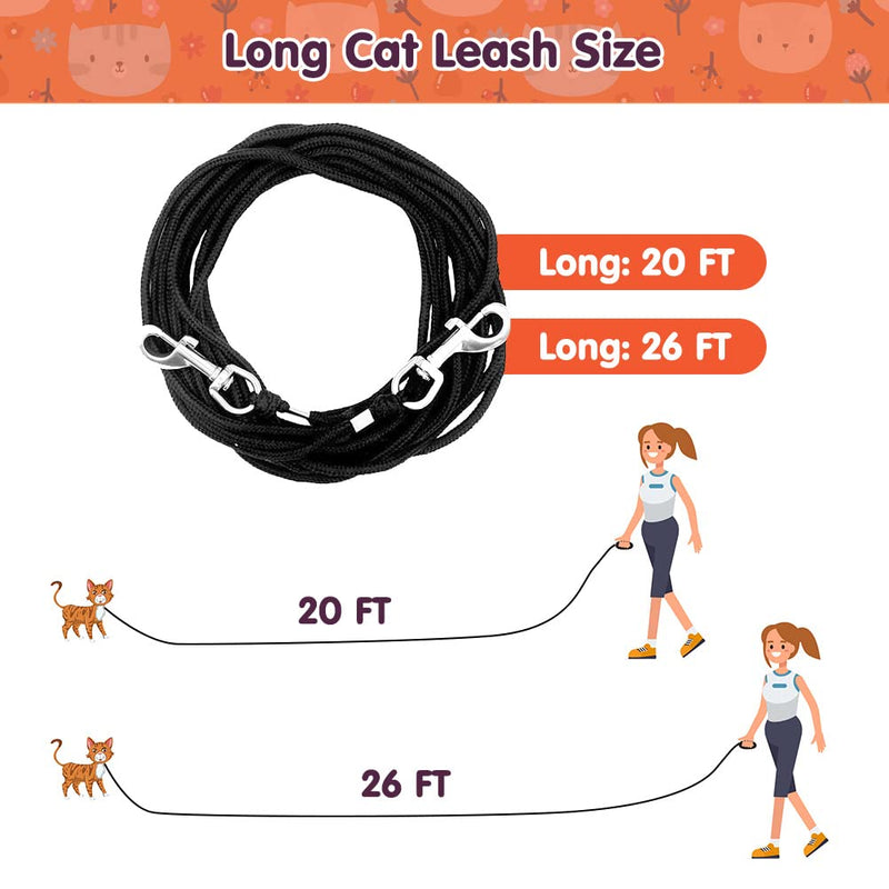 OFPUPPY Long Cat Leash - 26 FT Escape Proof Cat Lead for Outside, Walking Nylon Braided Long Cat Tie Out Pet Rope Leash Black 20 FT - PawsPlanet Australia