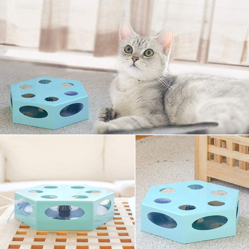 [Australia] - Mylopet Interactive Cat Toys with Electronic Rotating Feather, Novelty Automatic Kitten Toys, Smart Random Rotating Electric Cat Feather Toys Low Noise with Replace Feather Blue(Hexagon) 