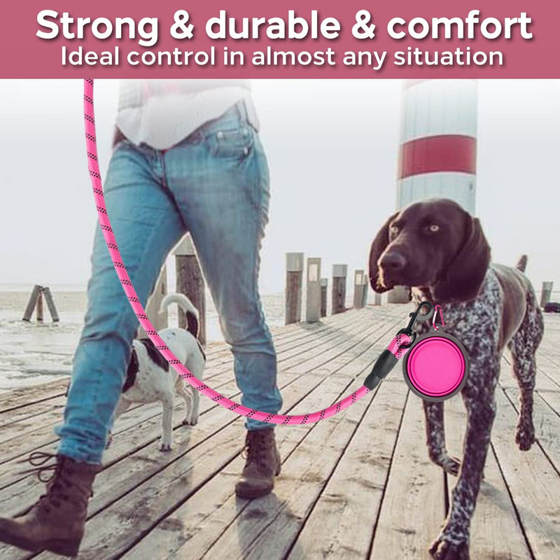 COOYOO 2 Pack Dog Leash 5 FT Heavy Duty - Comfortable Padded Handle - Reflective Dog Leash for Medium Large Dogs with Collapsible Pet Bowl 1/2"x 5 FT (18~120 lbs.) Set 1-Black+Pink - PawsPlanet Australia