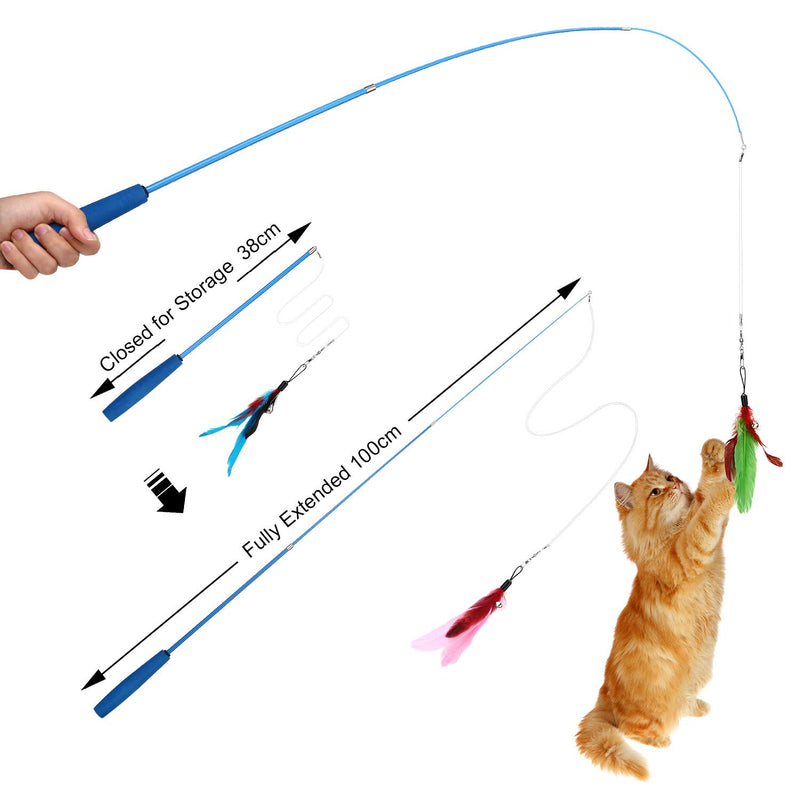 PETTOM Cat Toys Interactive Cat Feather Wand, Kitten Toys 2pcs Retractable Cat Wand Toy & 8pcs Natural Feather Teaser Replacements with Bell, Telescopic for Indoor Kitty Old Cat Exercise - PawsPlanet Australia