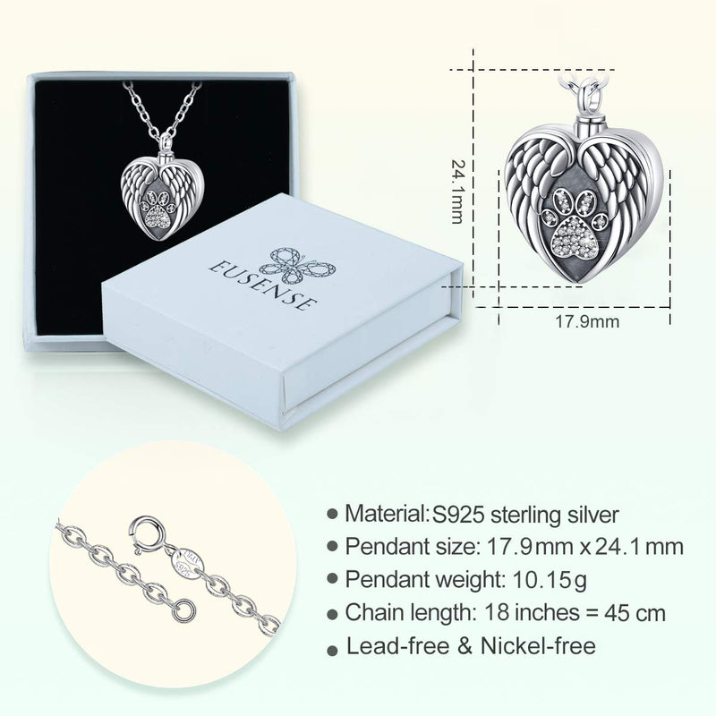 Eusense Sterling Silver Pet Cremation Jewelry Pet Urn Necklace for Dogs Cats Ashes Keepsake Paw Heart Locket Necklace That Holds Pictures - PawsPlanet Australia