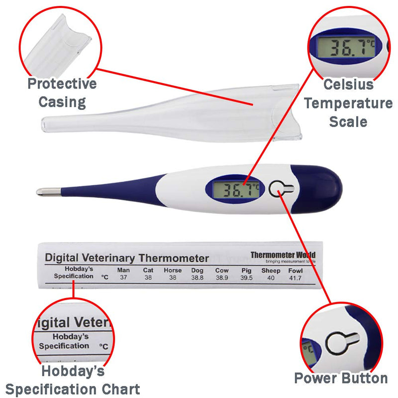 Digital Pet Thermometer For Animal Owners of Dogs Cats Horses Vets Flexible Temperature Probe Includes Veterinary Hobdays Chart - PawsPlanet Australia