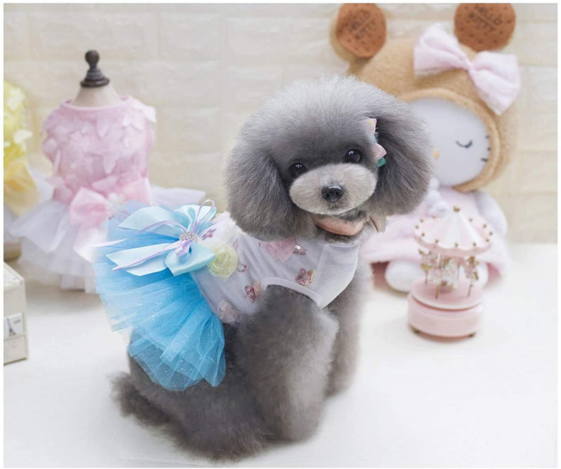 Izefia Dog Dress Puppy Skirt Dog Princess Dresses Rdc Pet Tutu Flower and Sequin Dot Wedding Lace Dress Luxury Bow Dress for Small Dog Girl (XS, Blue) XS - PawsPlanet Australia