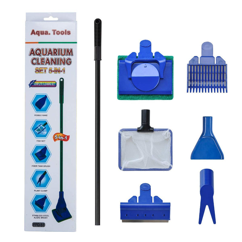 [Australia] - Songway 5 in 1 Aquarium Fish Tank Clean Tool Set/Fish Net, Gravel Rake, Algae Scraper, Plant Fork, Sponge/Multi-Function Cleaning kit for Aquarium Fish Tank 