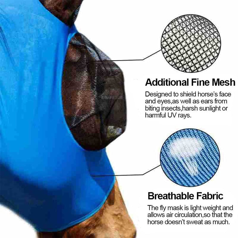 TeTupGa Horse Fly Mask With Ear Anti-Mosquito Anti Fly Soft Mesh Smooth & Elasticity Equine Cover Anti-UV Pony Face Protection (Blue) Blue - PawsPlanet Australia