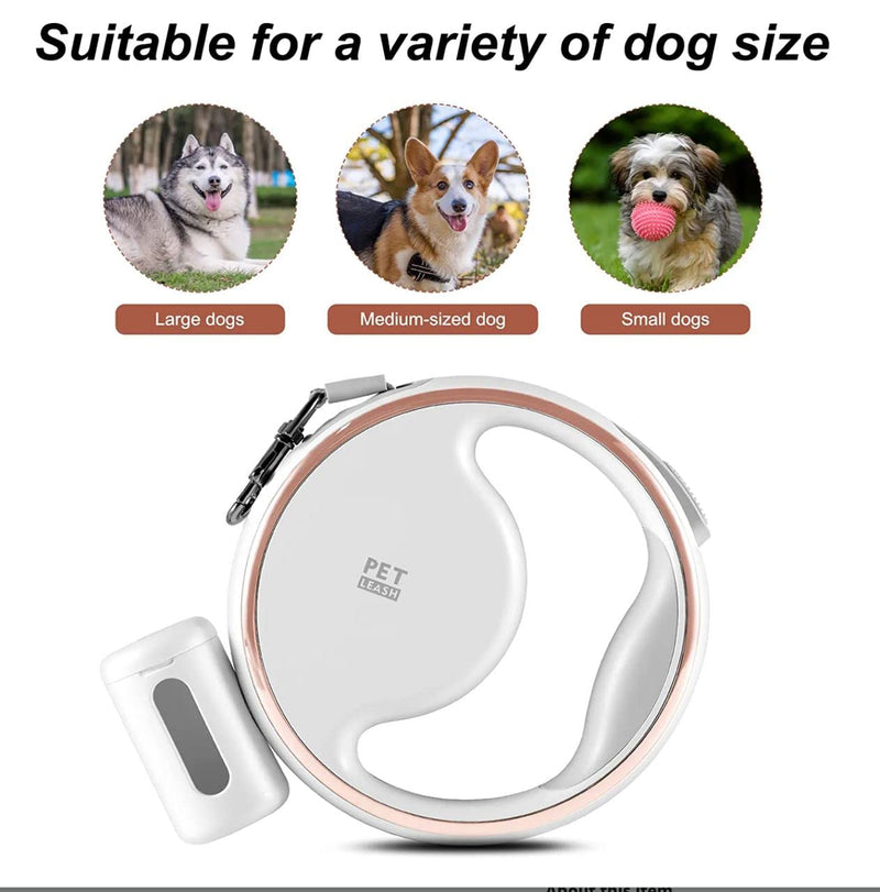 Retractable Dog Leash with Light and Poop Bag Holder (1 Bag Included) for Small and Medium Dogs, Non-Slip Handle, 10 ft Nylon Retractable Luminous Leash for Dogs up to 60 LBS K9Pro Premium (White) - PawsPlanet Australia