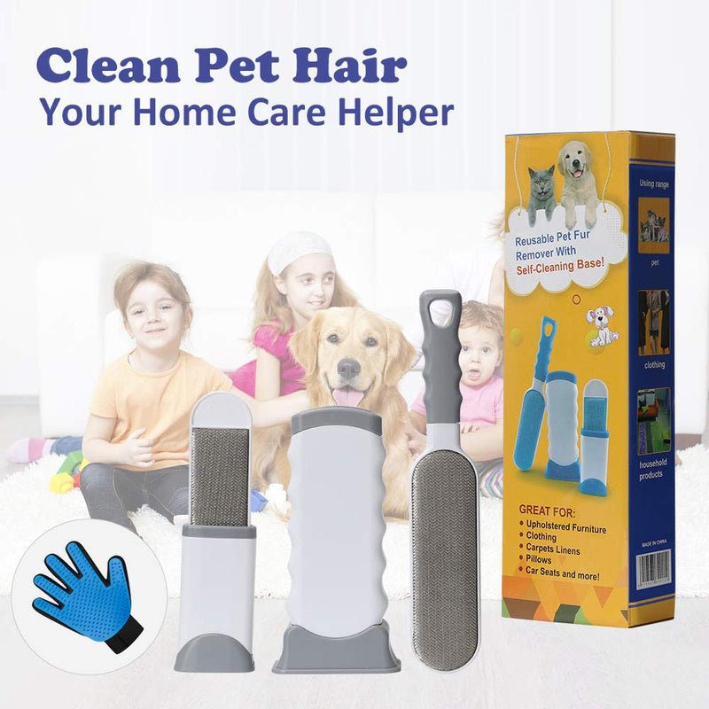 Pet Hair Remover, Upgrade Pet Hair Remover Brush & Pet Grooming Gloves Set, Perfect for Dog Cat with Long or Short Fur, Double-Sided Brush with Self-Cleaning Base for Clothing, Couch, Carpet, Car Seat - PawsPlanet Australia