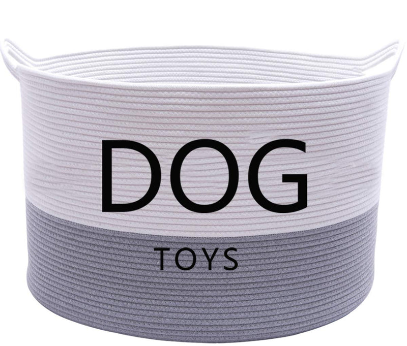 Brabtod Cotton rope round dog toy box with handles, large dog bin, laundry basket blanket storage bin- Perfect for organizing pet toys, blankets, leashes and coats - WhiteGray White Gray - PawsPlanet Australia