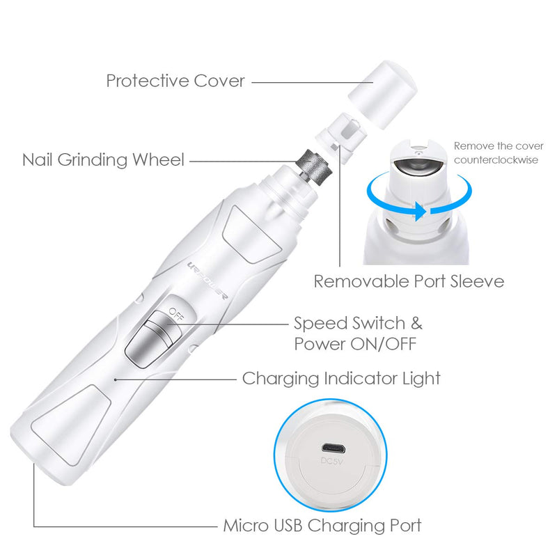 [Australia] - URPOWER Upgraded Pet Nail Grinder, Electric Dog Nail Grinder Gentle for Paws Grooming Trimming Smoothing Dog Nail Clippers, Rechargeable Pet Nail Grinder for Dogs, Cats and Small & Medium Pets White 