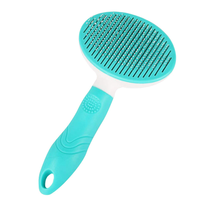 [Australia] - Best Self Cleaning Button Pet Comb Brush Shedding Slicker Non-Slip Handle for Cat Dog Grooming Gently Removes Tangled Matted Fur Protective Round Tip Stainless Steel Pin Blue 