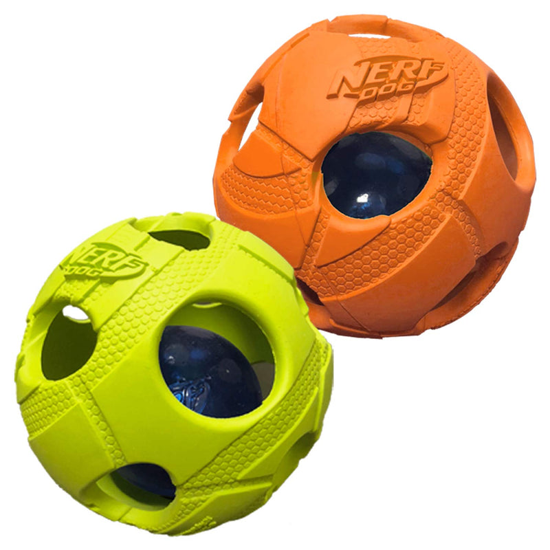 Nerf Dog Soccer Ball Dog Toy with Interactive LED, Lightweight, Durable and Water Resistant, 3.5 Inches, For Medium/Large Breeds, Two Pack, Green and Orange - PawsPlanet Australia