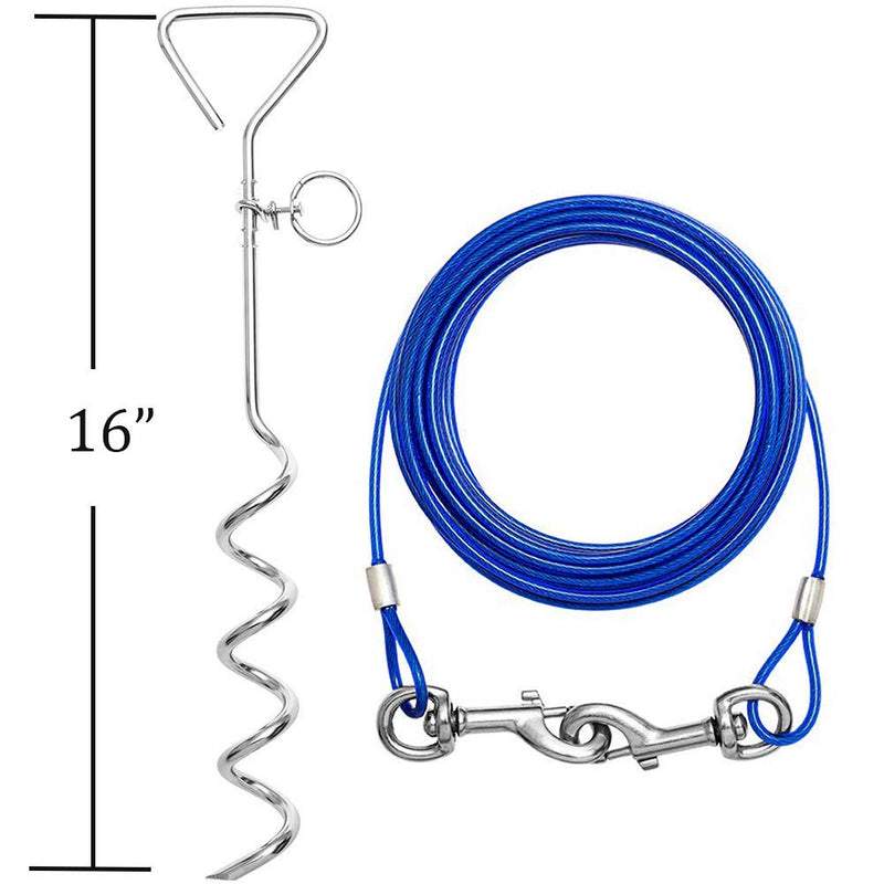 [Australia] - Relux Pet Dog Yard Stake Tie Out Cable 16 ft for Outdoor Yard and Camping,Medium to Large Dogs Up to 125 lbs(Red,18" Stake, 16 ft Cable) Blue 