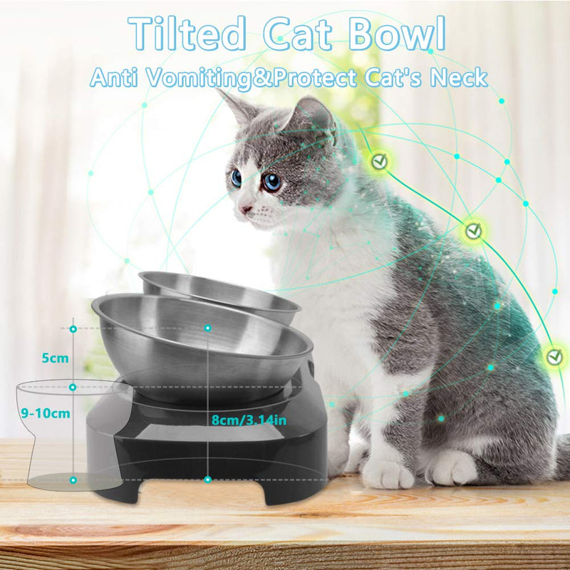 TANGN Raised Cat Feeding Bowl Stainless Steel Cat Food Dish Elevated with Non-Slip Stand, Tilted 15° Anti Vomiting Cat Bowls Designed for Kitten Puppy Pet Whisker Fatigue Dishwasher Safe (Double Bowl) Double Bowl - PawsPlanet Australia