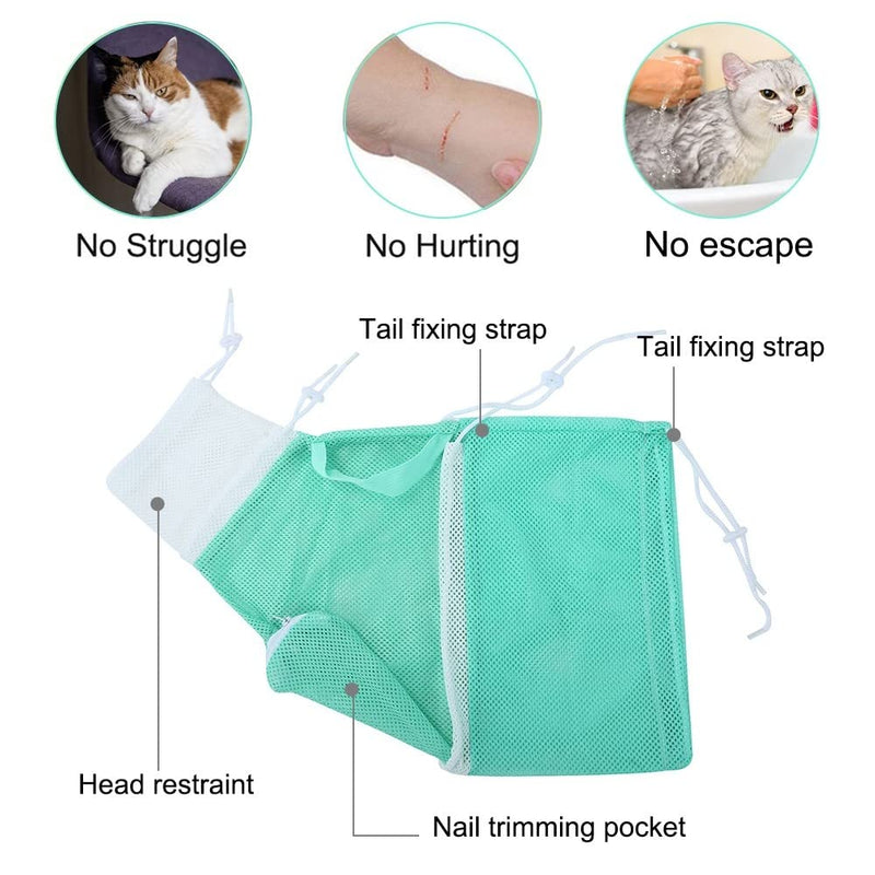 MiOYOOW Cat Bathing Bag, Breathable Kitten Shower Mesh Bag Adjustable Multifunction Cat Washing Mesh Bag for Bathing Nail Trimming Ears Clean Green White - PawsPlanet Australia
