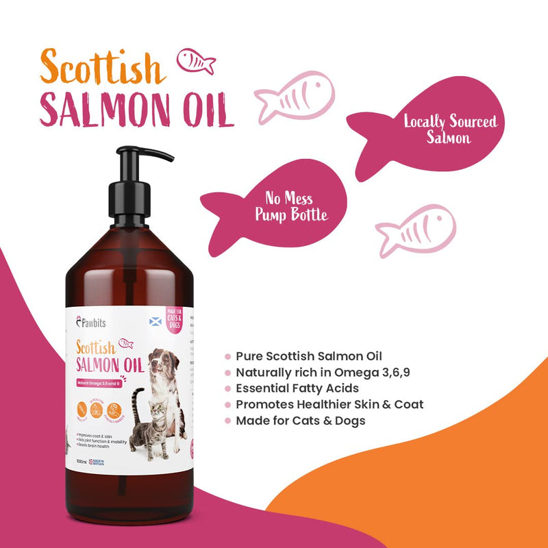 Pawbits 1 Litre Scottish Salmon Oil For Cats & Dogs - Natural Omega 3+6+9, Healthy Coat & Immune System Fish Oil 1 l (Pack of 1) - PawsPlanet Australia