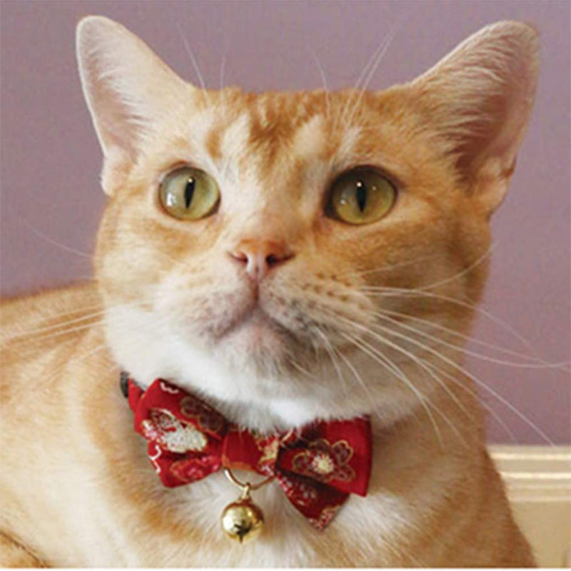 [Australia] - PetSoKoo Bowtie Cat Collar with Bell. Colorful Sakura Kimono Style Bow Tie. 100% Cotton. Safety Breakaway Buckle .Light Weight, Soft, Durable. Medium (8-12 inch,20cm-31cm) Red 