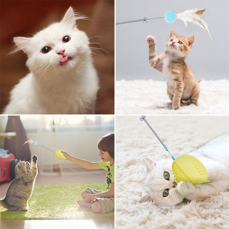 Petdexon Catnip Toys for Indoor Cats,5 in 1 Interactive Puzzle Mouse Cat Chew Toys, Cat Feather Teaser Toy with Spring Bell,Rubber Food Dispenser Toy, Kitten Toys for Massage Scratching,Yellow - PawsPlanet Australia