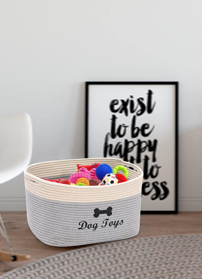 Morezi soft rope dog toy basket with handle, large dog bin, pet bed, pet toy box- Perfect for organizing pet toys, blankets, leashes - GreyWhite Dog Grey White - PawsPlanet Australia