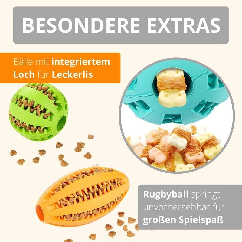 AMATHINGS dog toy set double pack snack ball and snack rugby - food toy dog for intelligent play - snack ball dog made of 100% natural rubber - treat toy for dogs ball in orange and egg in blue - PawsPlanet Australia