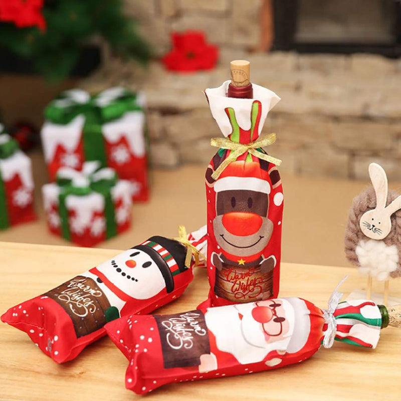 SCXCOPIDO Christmas Wine Bottle Cover Bags with Drawstrings，Christmas Gift Santa Snowman Elk Wine Bags,Xmas Party Dinner Table Decorations 6pcs - PawsPlanet Australia