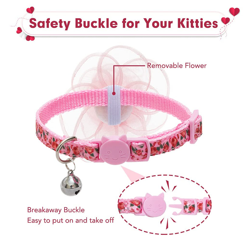 Spring Cat Breakaway Collar with Removable Flower and Bell - 2 Pack Safety Kitten Collars, Cute Pink Heart Rose Design Pink & Rose - PawsPlanet Australia