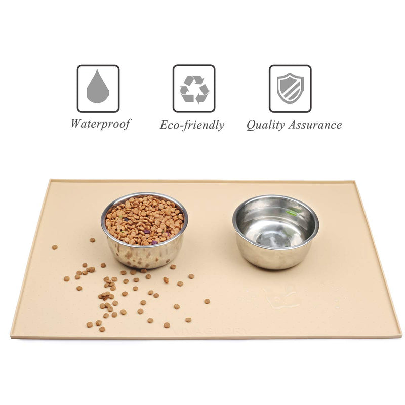 [Australia] - Vivaglory Pet Food Mat Large 24" L x 16" W or Small 19" L x 12" W Waterproof Non-Slip Food Grade Silicone Mat Anti-Messy Design for Puppy Kitty Dog Cat Small Medium Large Animals L(24"x16") Khaki 