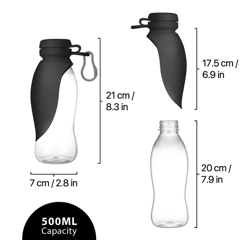 Flexzion Portable Dog Pet Food/Water Dispenser Bottle 500ML/17oz - Compact Expandable Silicone Travel Drinking Feeder Bowl with Flip-up Tray & Hanging Buckle Accessory for Cat Puppy Outdoor Food Bottle Black - PawsPlanet Australia