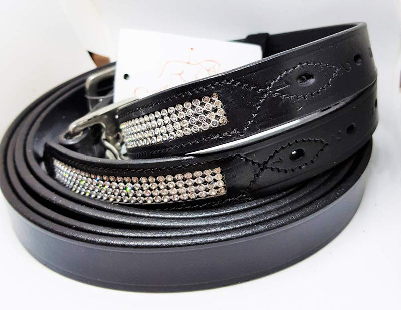 Aces GENUINE HORSE HEAVY DUTY STRONG BLING DIAMANTE STIRRUP LEATHER BLACK FULL (54") COB (52"), PONY (48") SS BUCKLE - PawsPlanet Australia