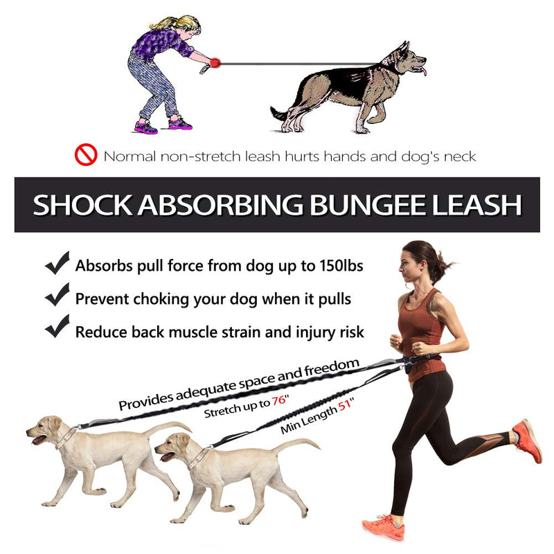 LANNEY Hands Free Dog Leash for Running Walking Jogging Training Hiking, Retractable Bungee Dog Running Waist Leash for Medium to Large Dogs, Adjustable Waist Belt, Reflective Stitches, Dual Handle Black and Gray for 2 Dogs (Detachable Pouch) - PawsPlanet Australia