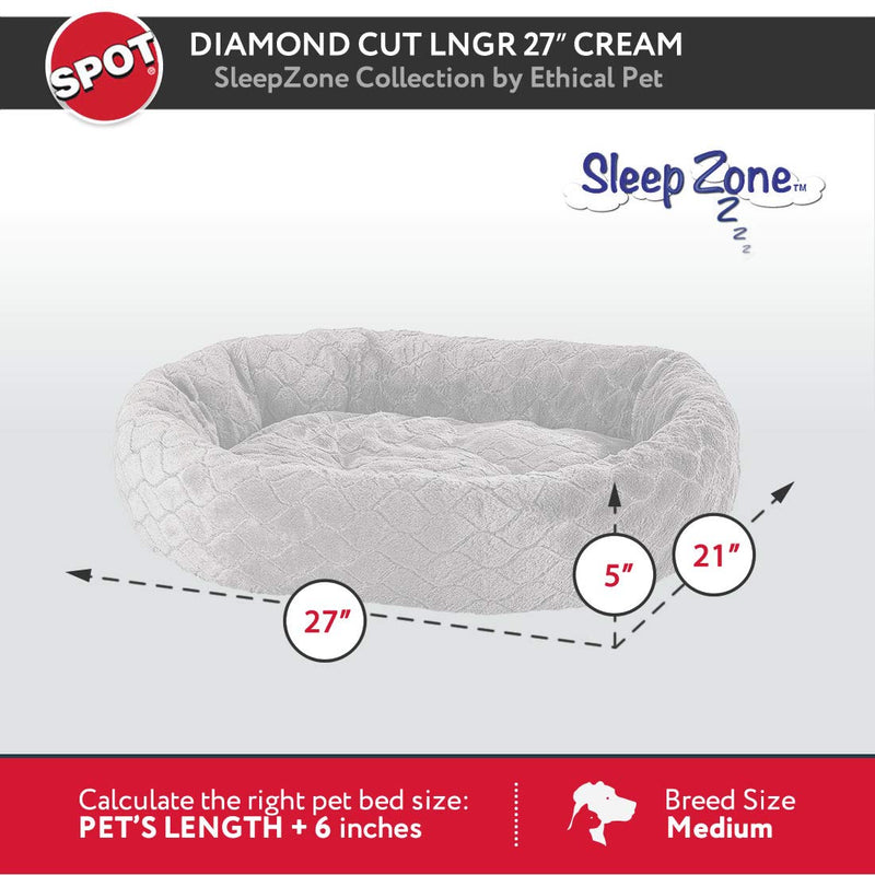[Australia] - Sleep Zone Diamond Cut Plush Lounger Lounger, Donut, Bolster Dog Bed - Fabric Bottom - 27X21 Inches / Cream / Attractive, Durable, Comfortable, Washable. By Ethical Pets 