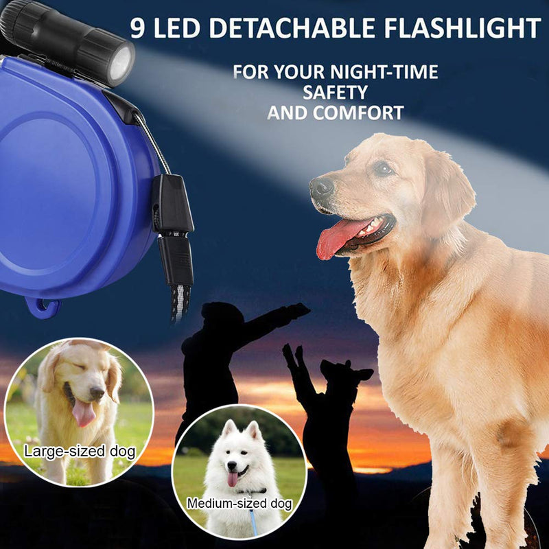 Laxus Retractable Dog Lead, 8M(26 Feet) Easy One Button Brake & Lock Extendable Dog Leash with LED Flashlight for Small to Large Dogs up to 110lbs(50KG) Blue - PawsPlanet Australia