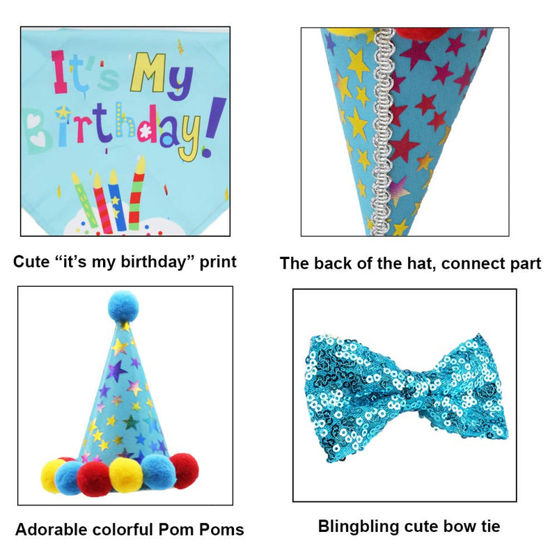 Dog Birthday Bandana Scarf and Dog Girl Boy Birthday Party Hat with Cute Dog Bow Tie Collar for Small Medium Dog Pet Large Blue - PawsPlanet Australia