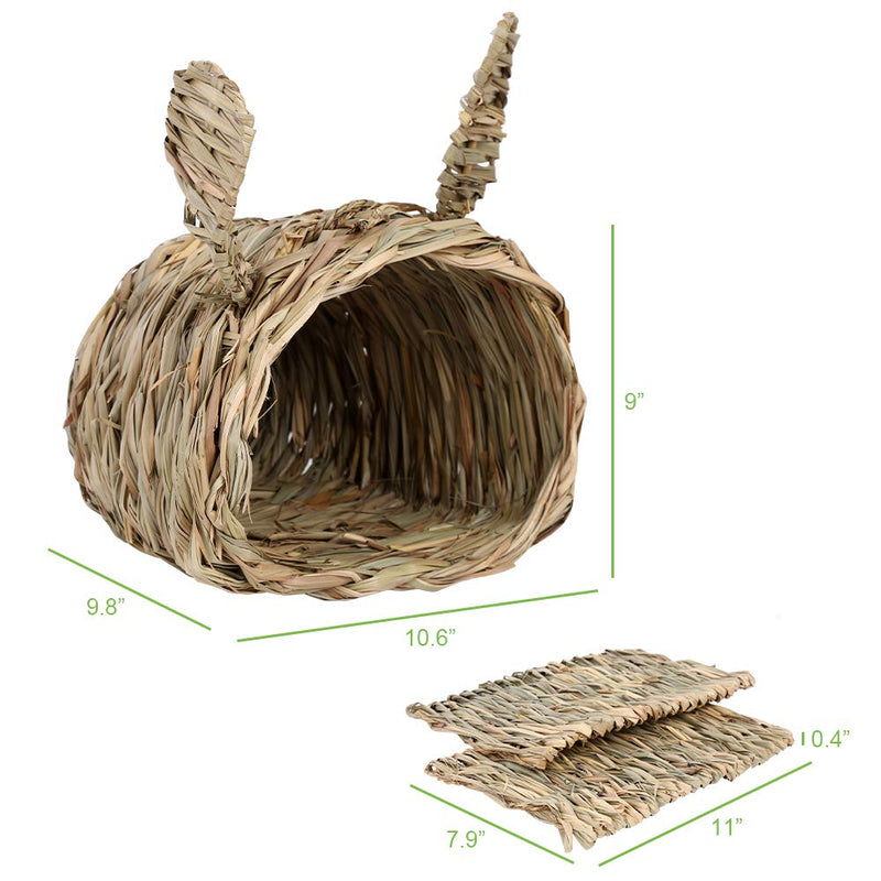 KISSTAKER Rabbits House with 2pcs Bedding Mat, Bunny Hideaway Hand Woven Grass Hideout,Comfortable Chew Toys Playhouse for Guinea Pigs,Chinchilla,Small Animals - PawsPlanet Australia