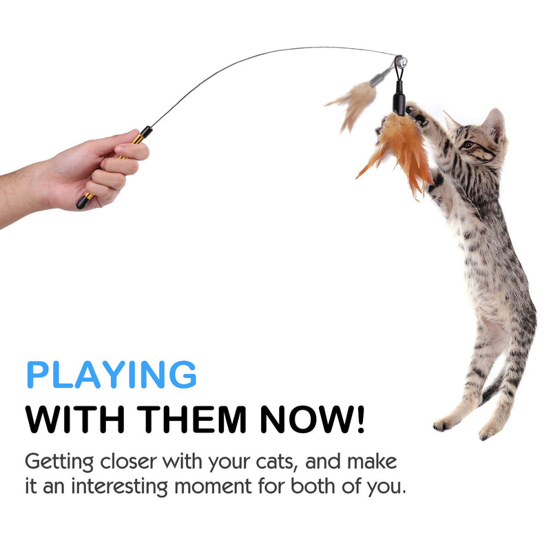 Pawaboo Feather Teaser Cat Toy, Interactive Feather Wand Cat Toy Flying Feather Cat Catcher with Extra Long 31.5" Wand and Small Bell, Fun Exerciser Playing Toy for kitten or cat, Brown Feather - PawsPlanet Australia