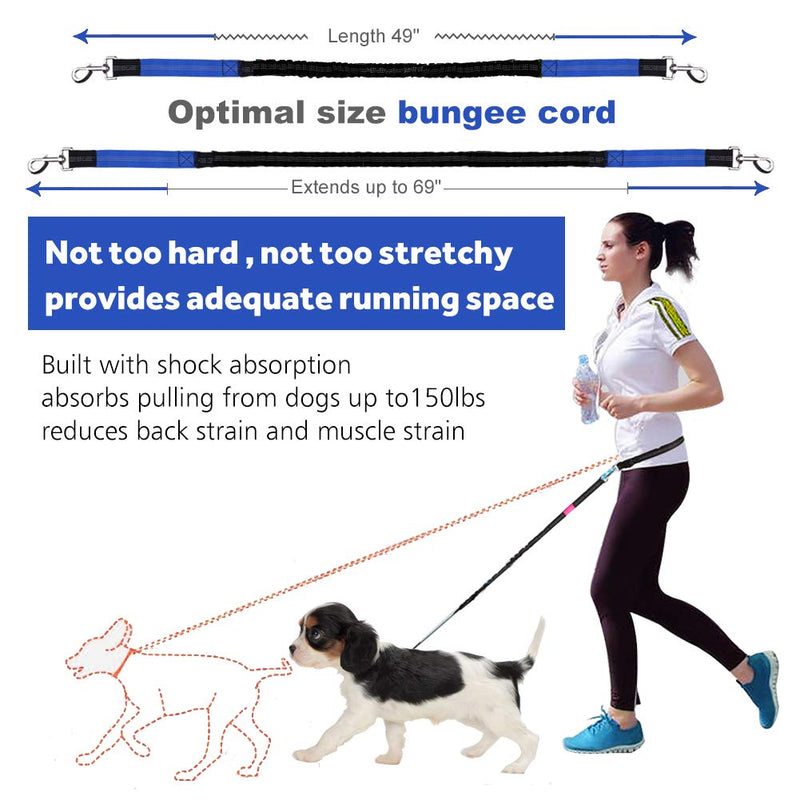 [Australia] - LANNEY Hands Free Dog Leash for Running Walking Training Hiking, Dual-Handle Reflective Bungee, Poop Bag Dispenser Pouch, Adjustable Waist Belt, Shock Absorbing, Ideal for Medium to Large Dogs Black W Blue 