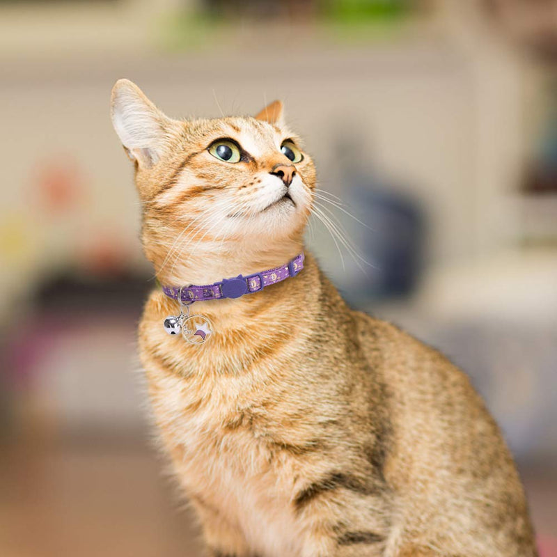 [Australia] - PUPTECK Breakaway Cat Collar with Bell 3 Pack - Charming Luminous Safe Adjustable Moon Pattern Kitten Collars with Star Pendant, Glow in The Dark 