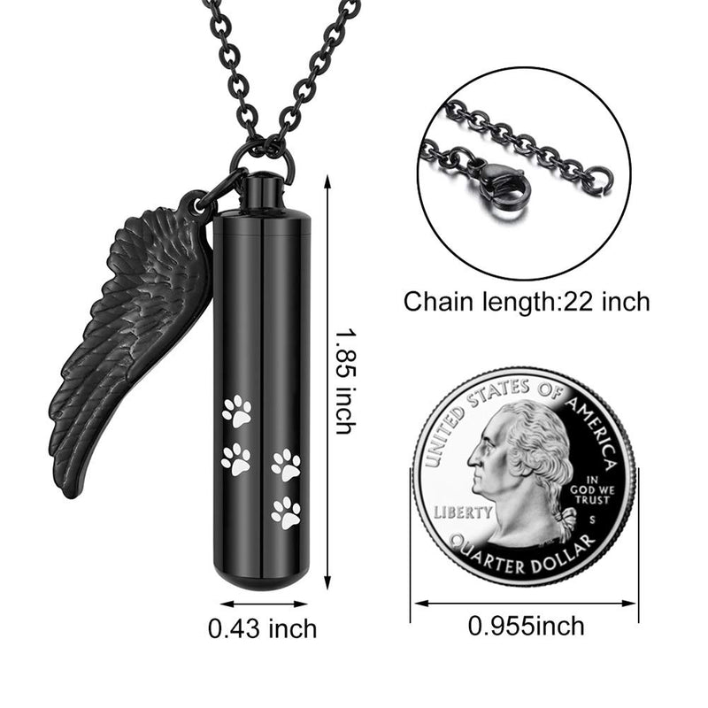 [Australia] - HooAMI Cremation Jewelry Urn Necklace for Ashes with Angel Wing Charm & Pet Paw Print Cylinder Black 48mm 