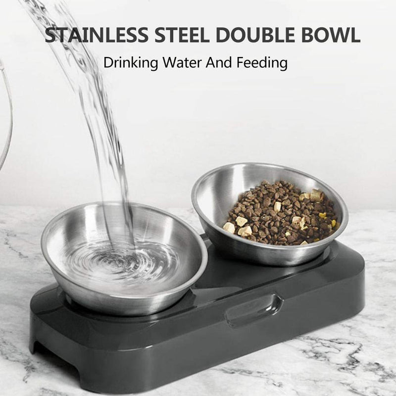 Cat Bowls, 15°Tilted Platform Stainless Steel Double Bowl Cat Feeder Cat Feeding Bowl Raised with Stand, Anti-skid&Anti-spill, Durable, Adjustable Pet Food Water Bowl for Cats and Small Dogs - PawsPlanet Australia