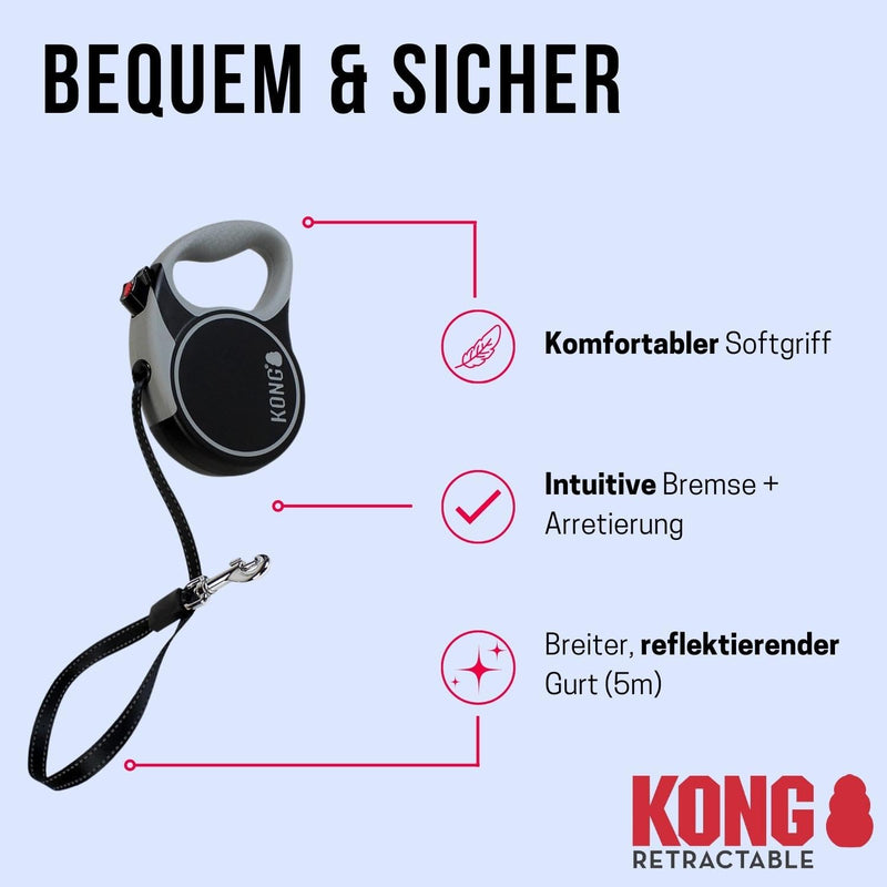 KONG roll-out dog leash in 5m length I For small dogs up to 20kg I Size SI High-quality retractable leash with Break & Lock system in black I Comfortable leash with soft grip & reflective strap Terrain S (up to 20 kg) Black - PawsPlanet Australia