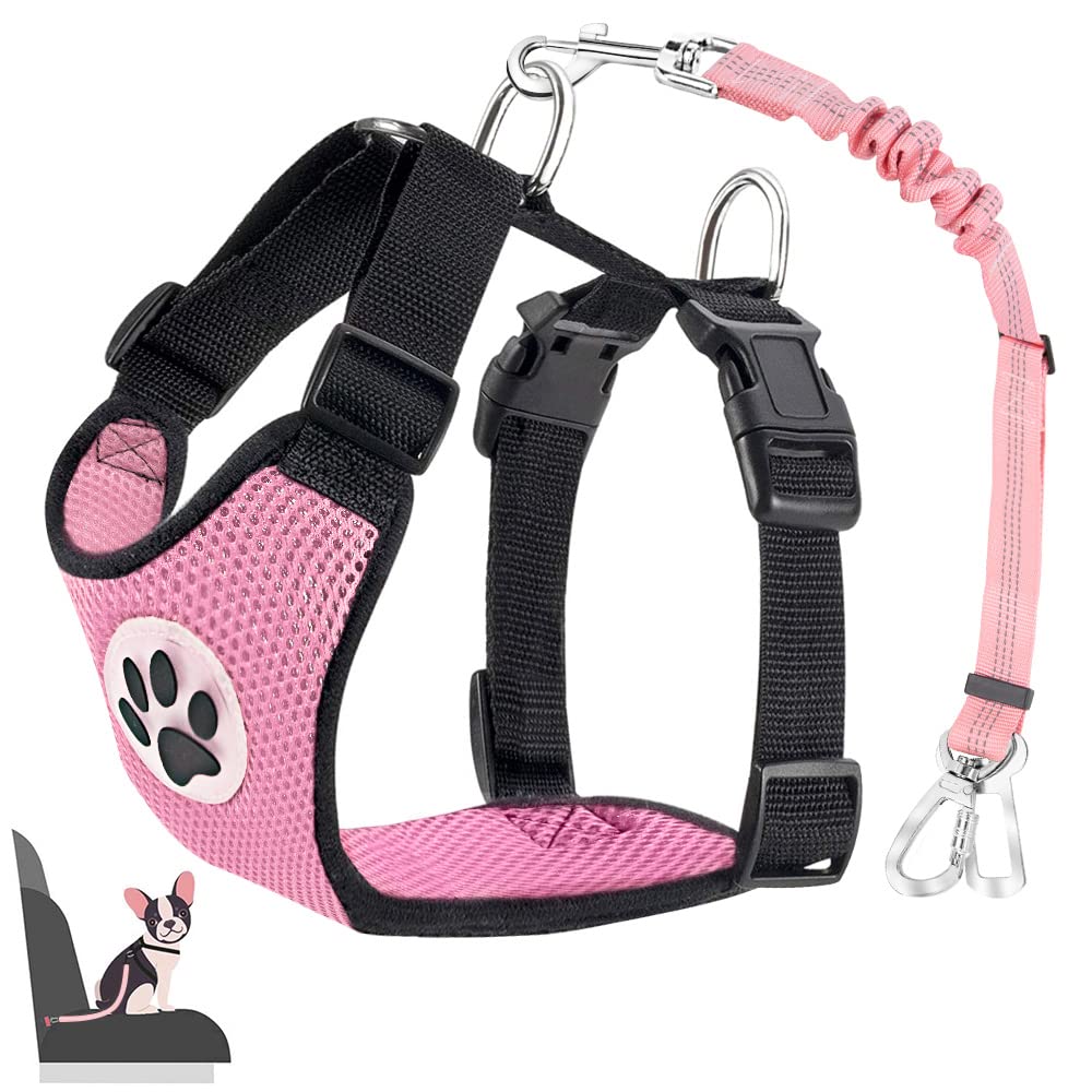 Eyein Dog Harness with Seat Belt for Car, 2 Carabiner Hooks - Connected to Seat Belt Buckle, Child Safety Seat or Trunk, Adjustable Breathable Harness (Pink, M) Pink - PawsPlanet Australia