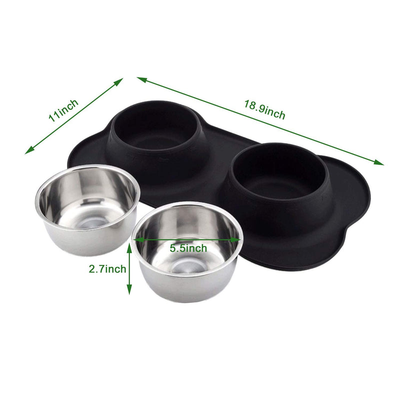 [Australia] - Petek Double Dog Cat Feeder Bowls Stainless Steel Food and Water Bowls with No Spill Non-Skid Silicone Mat, Double Pet Bowls (27oz Each) Set for Dogs Cats, Black 