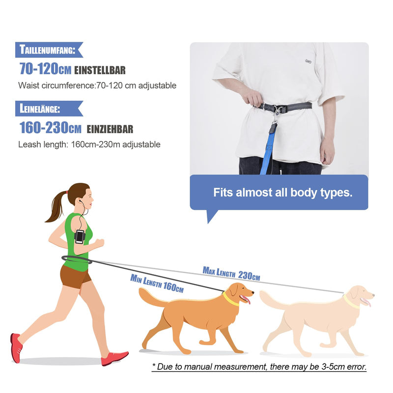 Snocyo jogging leash for dogs, jogging dog leash for medium and large dogs, elastic and reflective dog leash, retractable running leash with double handle and waist belt for one dog, gray and royal blue - PawsPlanet Australia
