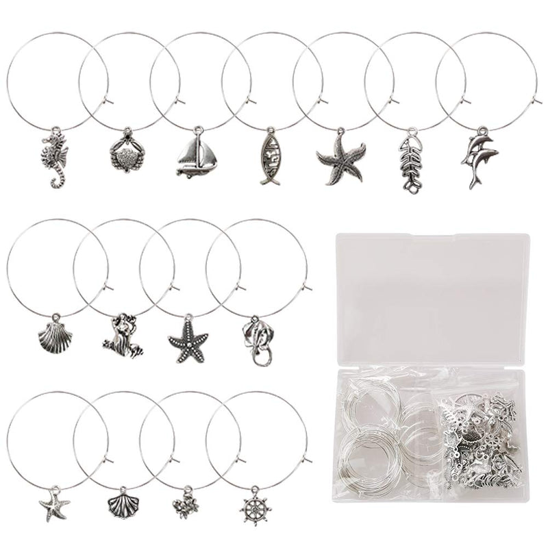 Hamnor 50 PCS Silver Alloy Wine Glass Charms with 50 Hanging Rings and 1 Storage Box Party Wine Decoration Supplies - PawsPlanet Australia